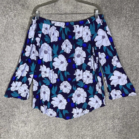 BP Off The Shoulder Floral Flowy Top Womens Size Large Keyhole Blue Rayon‎ - Picture 1 of 14